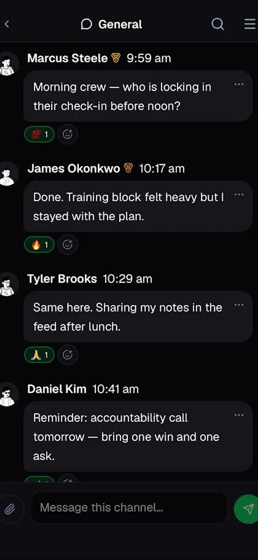 Community chat with channel messages and reactions